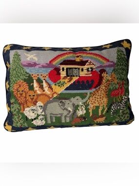Needlepoint Noah’s Ark Pillow Blue Velvet 11x15” Zipper Insert Nursery 1994
